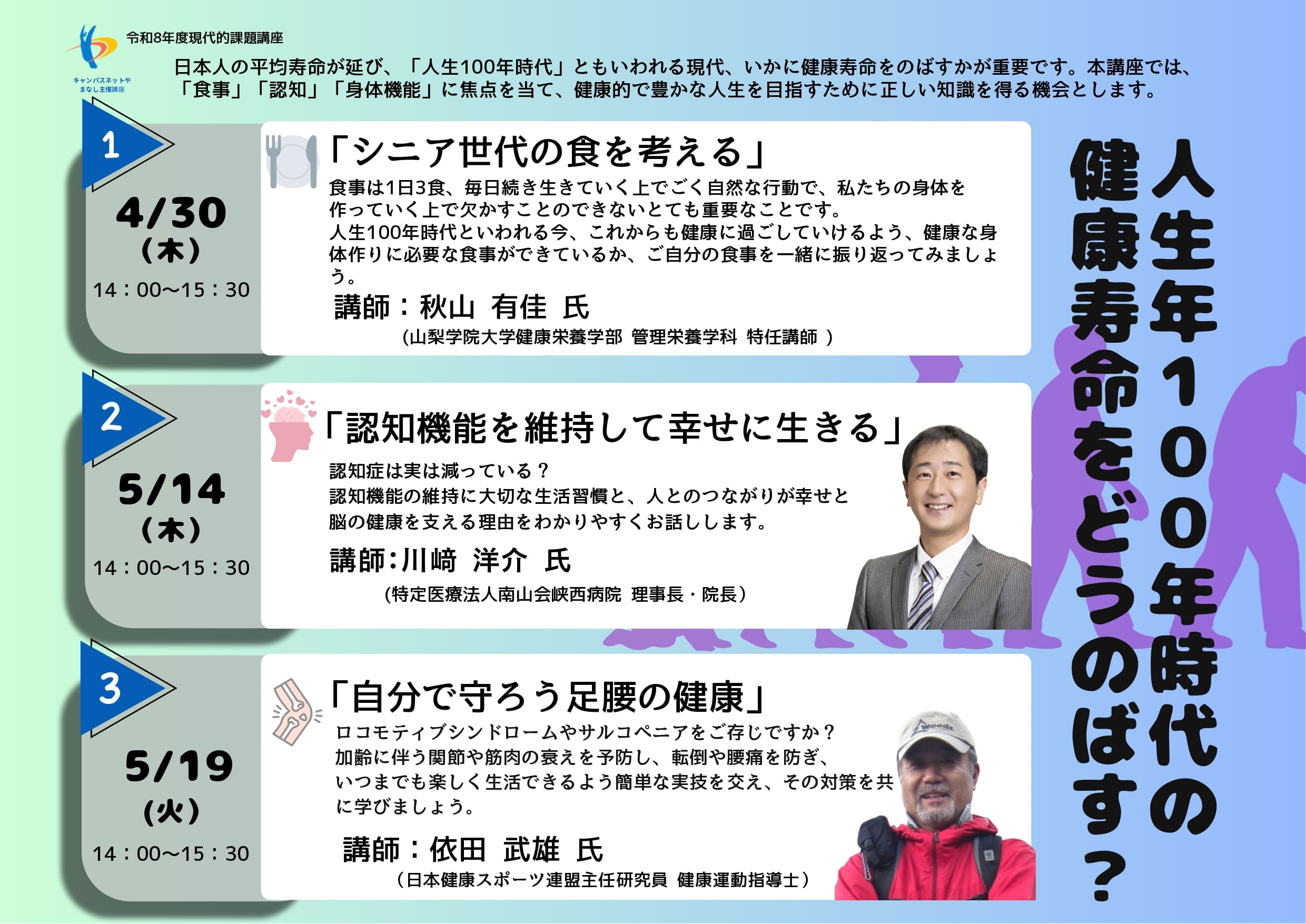 現代的課題講座「人生100年時代の健康寿命をどうのばす？」の写真です。